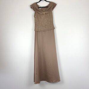 Patra Taupe gold satin glitter sleeveless pleated collar elegant gown Size 10